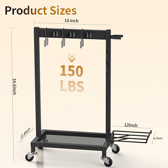 Broom Holder with Cleaning Supplies Organizer, 18" Wx11.8 Dx34.6 H | Load 160 LBS, Cleaning Cart with Wheels, 6 Mop Hanger Grippers, 3 Double-Hooks, Vacuum Stand for Laundry Garage Organization