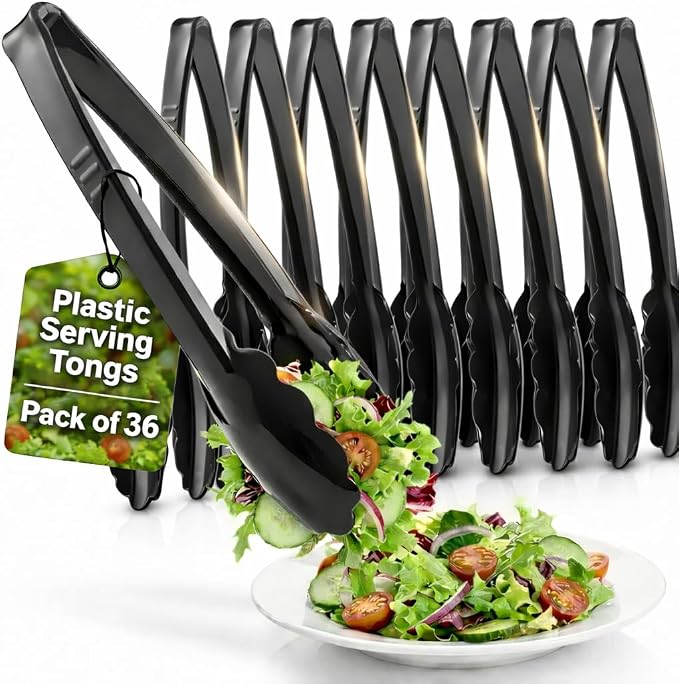 Plastic Tongs for Serving (Pack of 36) 9 Inch - Heavy-Duty Hard Plastic Reusable or Disposable Serving Tongs for Catering, Dinner Parties, Banquets, Buffets, Events, Weddings and Everyday Use, Black