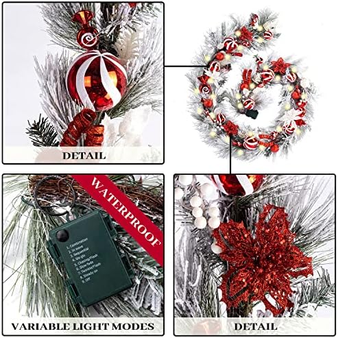 WANNA-CUL Pre-Lit 9ft Christmas Garland with Lights 50 LED Red White Bauble