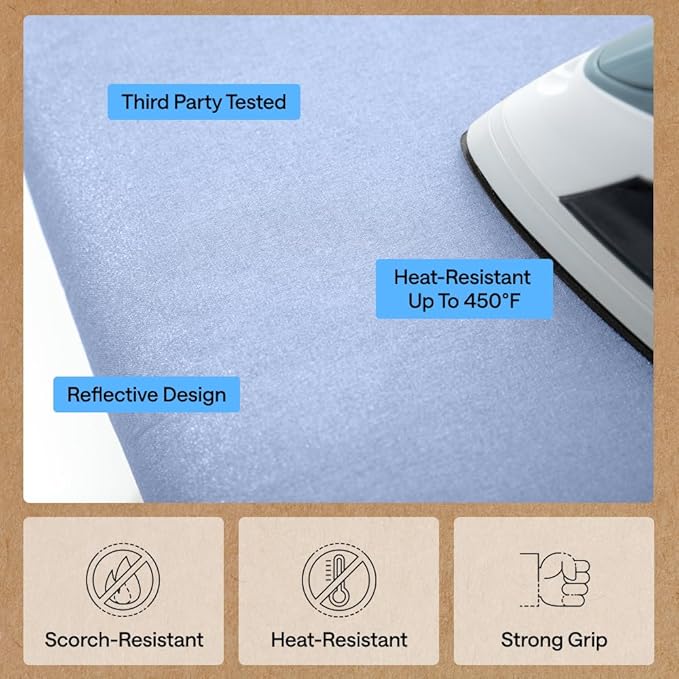 GORILLA GRIP The Original Ironing Board Cover and Pad, Silicone Coating, 400°F Scorch Resistant Thick Padding, Heavy Duty Iron Covers Standard Boards, Hook and Loop Fastener Strap, Blue 13x43