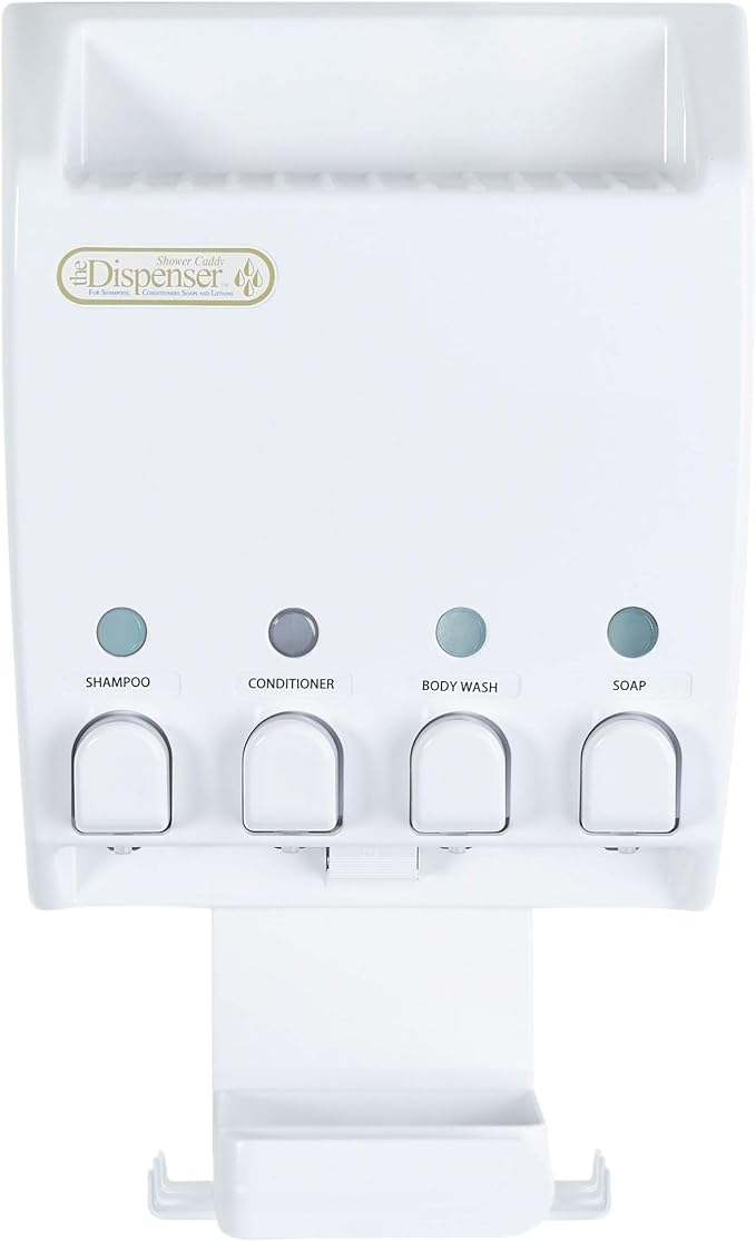 Better Living Ulti-Mate Shower Dispenser Caddy, 4 x 14.5 oz, White | Wall Mount 4 Chamber, Shower Dispenser for Bathroom, Shelf, Built-in Hooks & Soap Dish, No Drill
