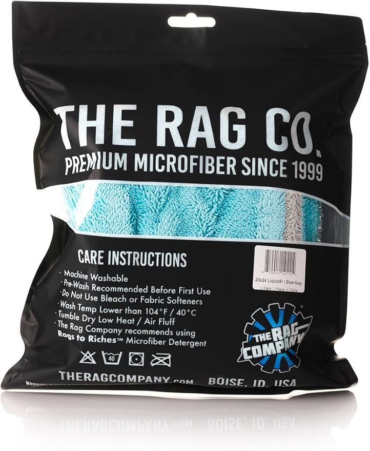 The Rag Company, The Liquid8r, Absorbent 70/30 Blend Microfiber Drying Towel for Cars, Trucks, and SUVs, Safe for Detailing, Scratch-Free, Twist Loop, 1100 GSM, 20x24 Inches, Aqua Blue/Grey