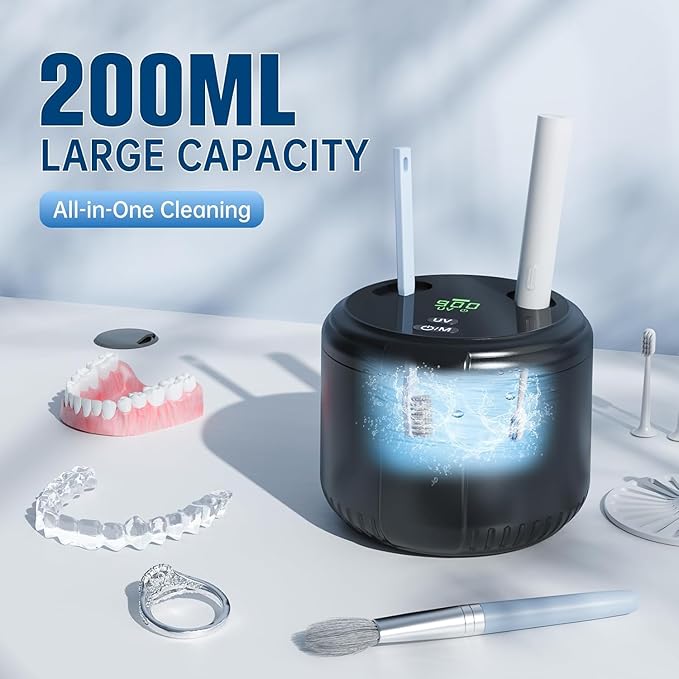 45kHz Ultrasonic Retainer Cleaner Machine, Dental Cleaning Pod with Digital Timer for Denture, Mouth Guard, Invisalign, Aligner, Night Guard, Braces, Toothbrush, Jewelry, 200ML Tank (Black)