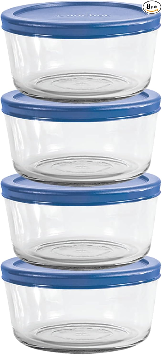 Anchor Hocking 2 Cup Glass Storage Containers with Lids, Set of 4 Glass Food Storage Containers with Blueberry SnugFit Lids