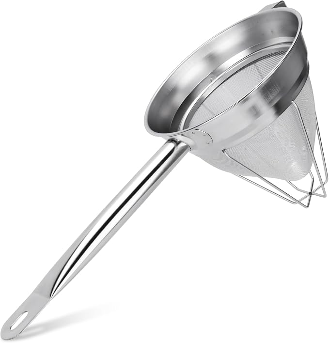 8 Inch Chinois Strainer,18/8 Stainless Steel Conical Fine Mesh Bouillon Sieve, Heavy Duty China Cap Strainers with Stand for Sauces Soups Broth Purees Jam