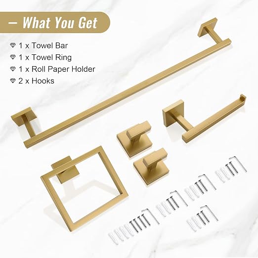 YACVCL Towel Bar Set, 5-Piece Brushed Gold Bathroom Hardware Set, Gold Bathroom Accessories Set, SUS304 Stainless Steel 23.6 Inch Towel Holder Towel Racks Set Wall Mounted