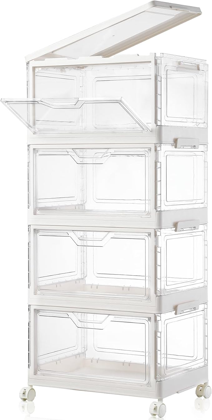 Freebat Collapsible Plastic Storage Bins with Wheels, Clear Stackable Storage Bins with Lid, Stackable Storage Bins with Open Door, Folding Storage Bins Organizer for Closet, Bedroom, Living Room
