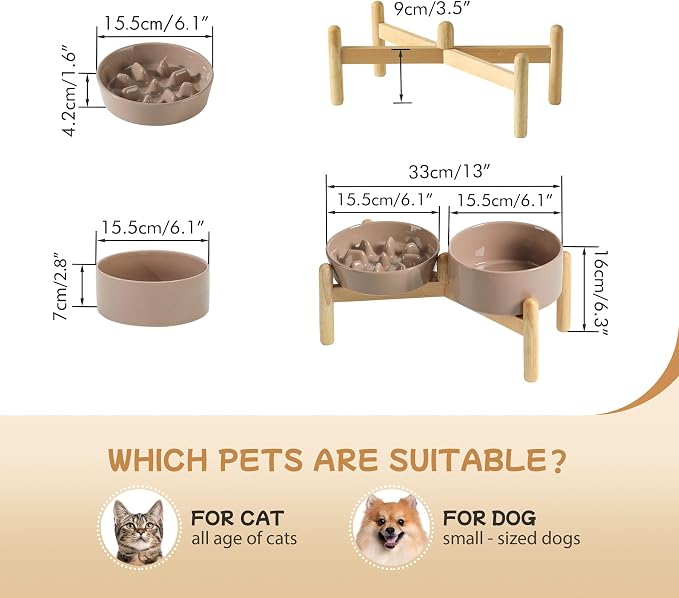 Havniva Elevated Slow Feeder Dog Bowls, Ceramic Dog Bowl Slow Feeder Set | 0.9 Cups Raised Slow Feeder Dog Bowl for Small Breed, 6.1” Dog Water Bowl with Wooden Stand, Puzzle Dog Food Bowl, Non-slip