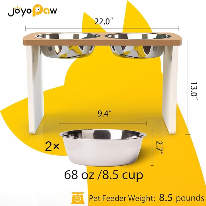 Elevated Dog Bowls, Waterproof Raised Dog Bowl for Medium & Large Dogs, HIPS Poly Lumber Stand with 2 Stainless Steel Bowls, Indoor & Outdoor Use (13'' Tall–68 oz Bowl, Teak - White)