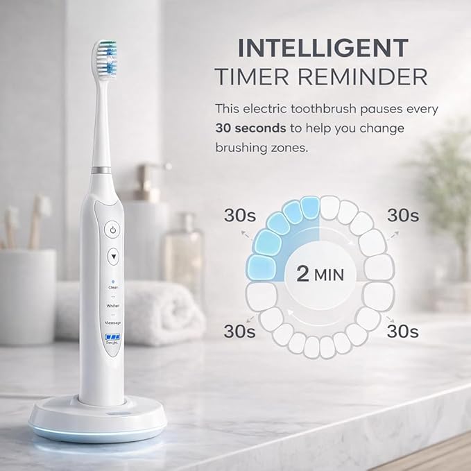 Sonic Electric Toothbrush for Adults, Rechargeable Power Toothbrush with 5 Replacement Heads, Travel Case, 3 Modes, 2 Minute Timer, IPX7 Waterproof Cordless Electric Toothbrush | White