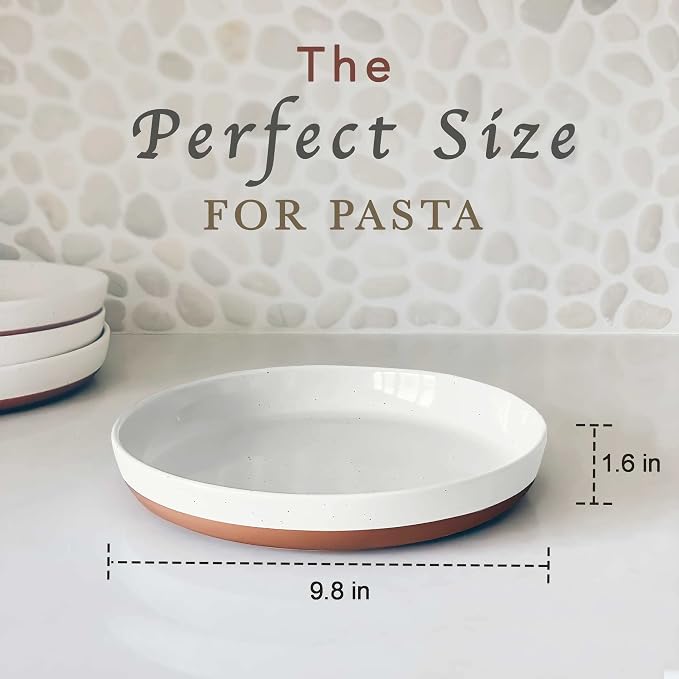 MORA Ceramic Flat Pasta Bowl Set of 4-35oz, Microwave Safe Plate with High Edge - Modern Porcelain Dinnerware for Kitchen and Eating, Large Wide Bowls/Plates for Serving Dinner, Salad, etc- Vanilla