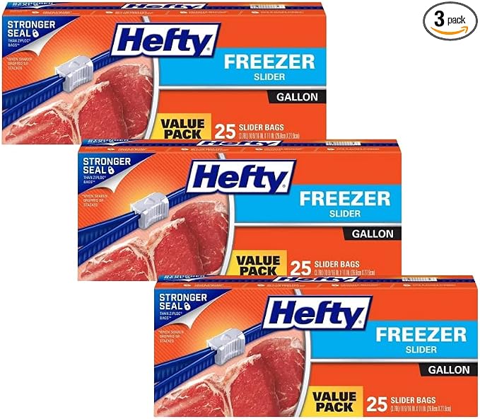 Hefty Freezer Slider Bags, Gallon, 75 Count, (Pack of 3)