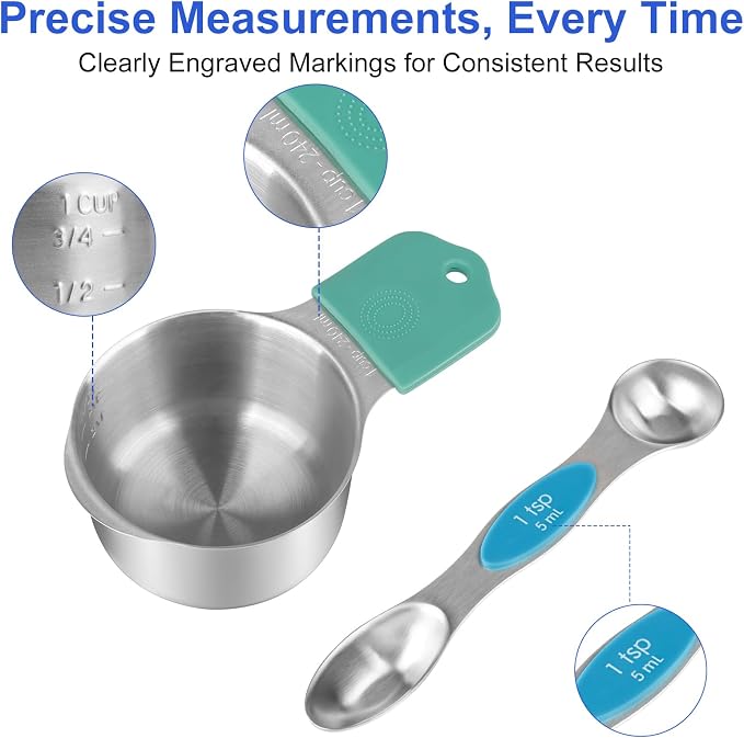 Magnetic Measuring Cups & Spoons Set, Strong N45 Magnets, Heavy Duty 304 Stainless Steel Fits in Spice Jars for Baking & Cooking, BPA Free, Round Set of 15 with Leveler, Light Colorful