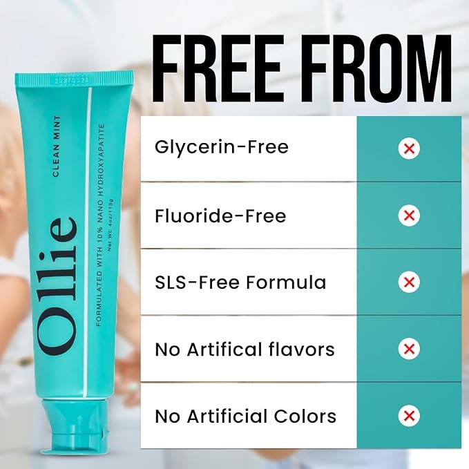Ollie Fluoride Free 10% Nano Hydroxyapatite Toothpaste, Clean Mint, 4oz | Rod-Shaped Nano HAP, Remineralizes Enamel, Reduces Sensitivity, Reverses Small Cavities, Naturally Whitens Teeth, (Pack of 2)