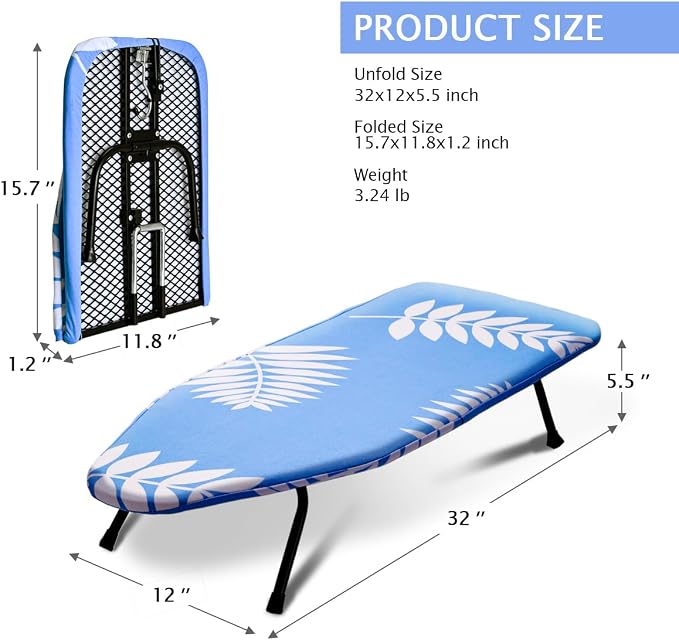 SheeChung Small Ironing Board 12"x32",Mini Ironing Board with Metal Mesh | Foldable,Tabletop,Hanging Hook,Cotton Cover,Heat Resistant Pad,Space Saving,Non-Slip Feet,Fits for Dorm Travel Sewing Room