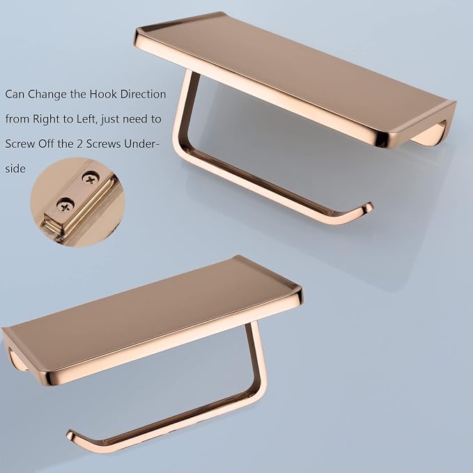 TRUSTMI Toilet Paper Holder with Phone Shelf, Bathroom Accessories Tissue Roll Dispenser Storage Wall Mounted, Plated Rose Gold