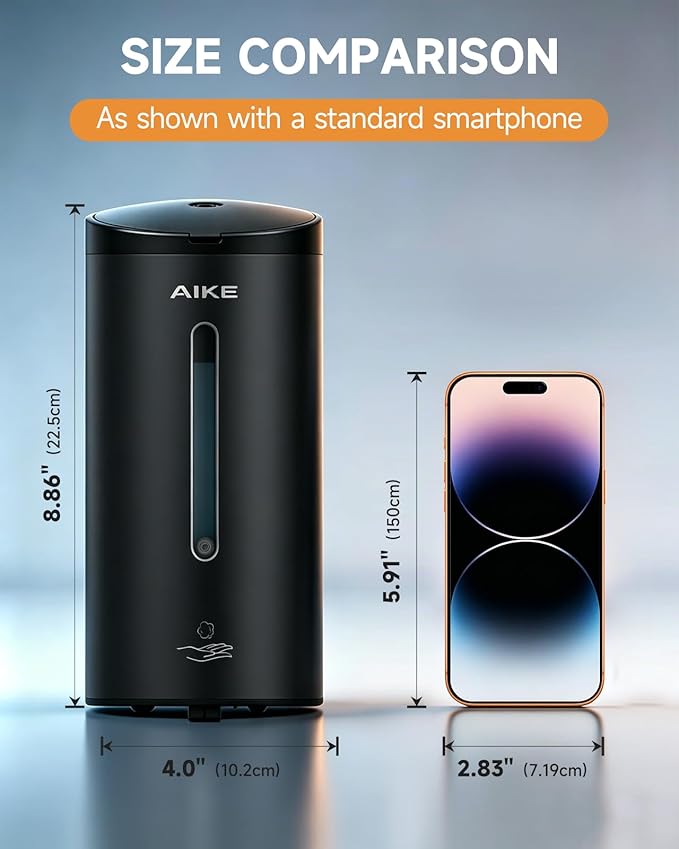 AIKE Automatic Foaming Soap Dispenser 25oz for Bathroom,Matteblack AK1205FA | Rich Foam and Stainless Steel,No-drill and Screw Wall Mount,5-Level Adjustable and Key for Commercial(Batteries Not Included)