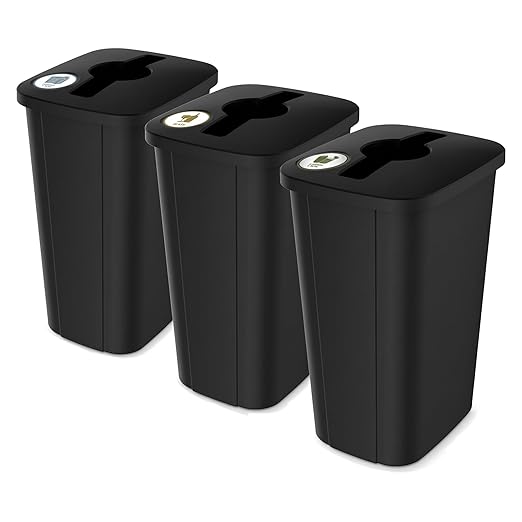Home Logic Recycling Bin System, 3 Pack Waste Sorting Containers with Stickers, Plastic Trash Cans for Kitchen Garage Home Recycling Organization, 13 Gallon, Black