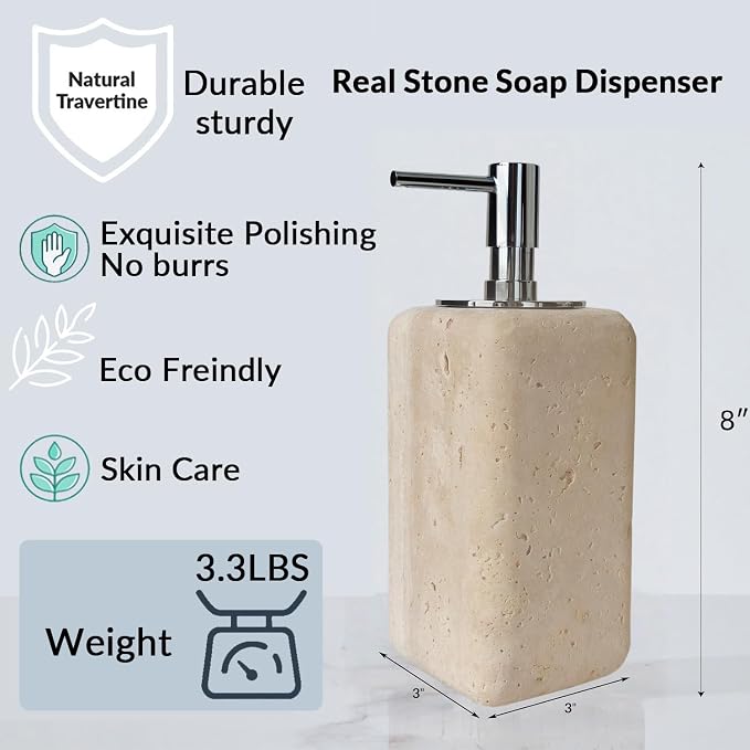 Travertine Soap Dispenser Bathroom Accessories, Natural Organic Premium Square Stone Lotion Dispenser with Metal Pump, Elegant Kitchen Hand Lotion Jar Soap Pump for Laundry Room Home Decor (Natural)