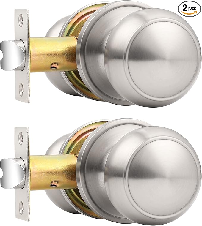 Probrico Brushed Nickel Passage Door Knobs Round Handles for Hall or Closet Knobs Keyless Hardware, 2 Pack