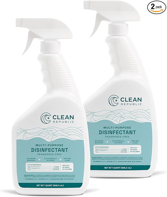 Clean Republic Multi-Purpose Disinfectant, Hypochlorous Acid Cleaning Spray, 32 Fluid Ounce Bottle, 2-Pack