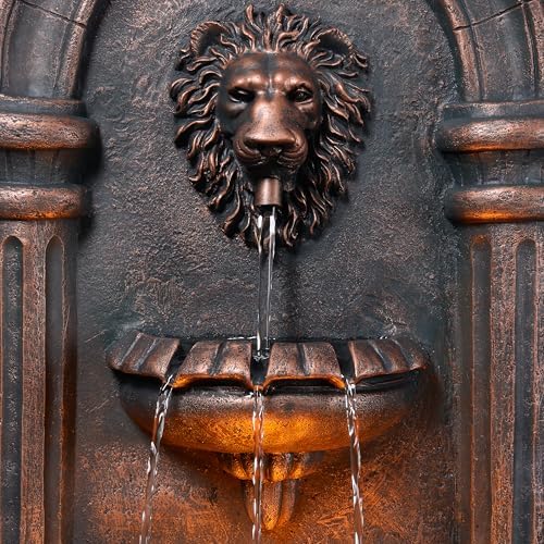 Teamson Home 32.1 in. Wall-Mounted Lion Head Stone LED Outdoor Water Fountain for Gardens, Landscaping, Patios, Balconies, Lawns to Create a Calming Oasis in Outdoor Living Spaces, Antique Bronze