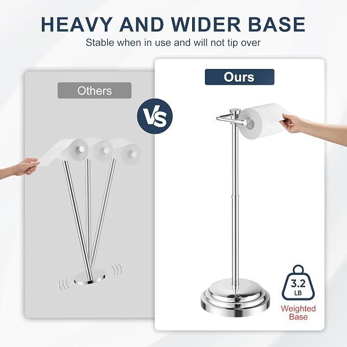 Bathroom Toilet Paper Holder Stand, Polished Chrome Toilet Paper Holder Free Standing, Stainless Steel Pivoting Toilet Tissue Roll Holder，Adjustable Height (14 to 24 Inch) Paper Holder