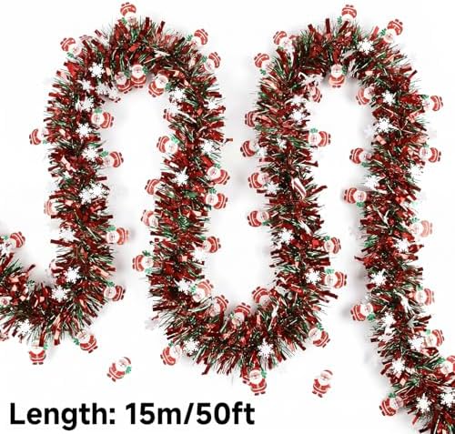 50 Feet Red Green Christmas Metallic Tinsel Twist Hanging Garland with Snowflake Santa Claus for Home Mantle Xmas Tree Staircase Railing New Year Holiday Party Indoor Outdoor Decorations