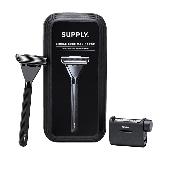 SUPPLY Single Edge Max Razor for Men – Premium Metal Single-Blade Safety Razor with Pivoting Head for Fewer Cuts and Irritation – Includes 8 Blades & Magnetic Reload System – Jet Black