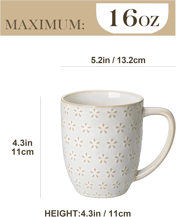 MALACASA LYDIA 16 Oz Coffee Mugs Set of 4, Ceramic Embossed Cups | For Coffee, Latte, Cappuccino, Tea, Dishwasher, Microwave Safe, Lead-Free Ceramic, Comfortable Handle, Gift Set