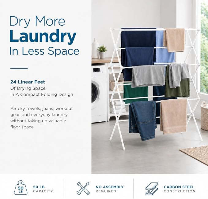 Honey-Can-Do 6-Tier Collapsible Clothes Drying Rack, 30", No Assembly, Grey | Accordion frame opens to 6 tiers with 24 ft of drying space, then folds flat to 3 in. Rust-resistant coated steel.