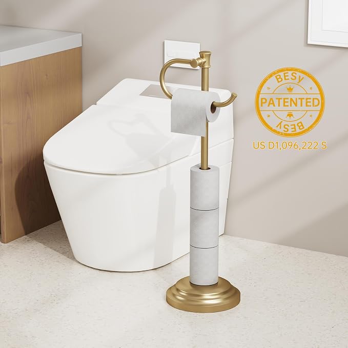 BESy Toilet Paper Holder Free Standing Bathroom Toilet Tissue Holder Stand for Floor Toilet Paper Roll Holder with Storage Hardware Accessories Rack Hand Towel Bar Brushed Gold Stainless Steel