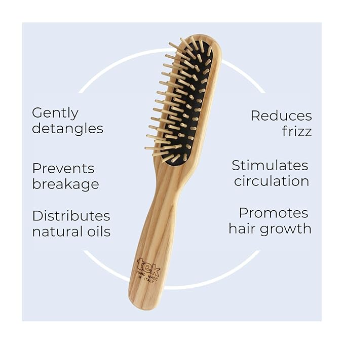 TEK | Rectangular Wooden Hair Brush with Short Rounded Teeth in Natural Ash Wood, Ideal for Detangling, Styling and Daily Care of Short Hair | 22x4cm | Handmade in Italy