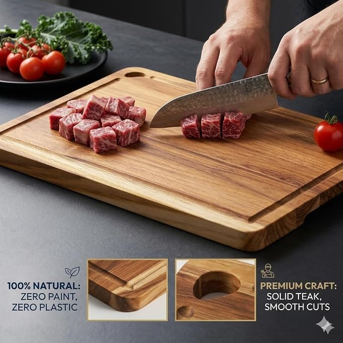 24”×18” Teak Wood Cutting Board for Kitchen, Knife-Friendly Chopping Boards with Juice Grooves & Storage Stand, Heavy Duty Wooden Boards for Meat, Fruit & Cheese, Ideal Housewarming Gift