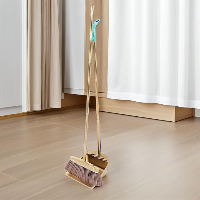 OUNONA 1set Heavy Duty Upright Broom and Dustpan Set with Long Handle and Stainless Steel Construction Includes Built Comb Teeth for Easy Cleaning in Home Office