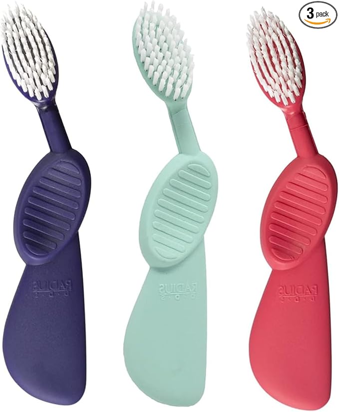 RADIUS Flex Brush with Soft Bristles Toothbrush BPA Free & ADA Accepted Designed to Improve Gum Health & Reduce Issues - Left Hand - Purple/Watermelon/Mint - Pack of 3