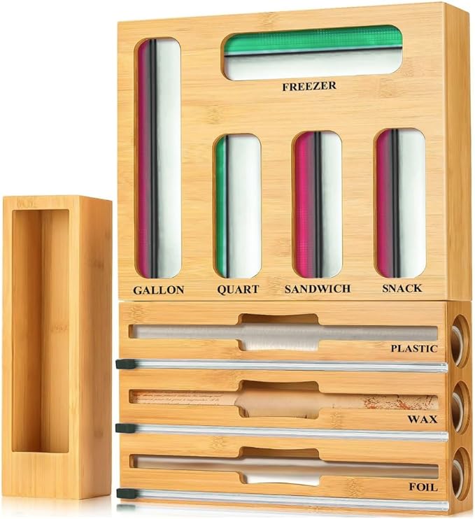 9 in 1 Bamboo Kitchen Drawer Organizer for Storage Bags, Foil & Plastic Wrap Holder with Built-In Cutter, Fits Gallon, Quart, Sandwich, and Snack