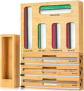 9 in 1 Bamboo Kitchen Drawer Organizer for Storage Bags, Foil & Plastic Wrap Holder with Built-In Cutter, Fits Gallon, Quart, Sandwich, and Snack