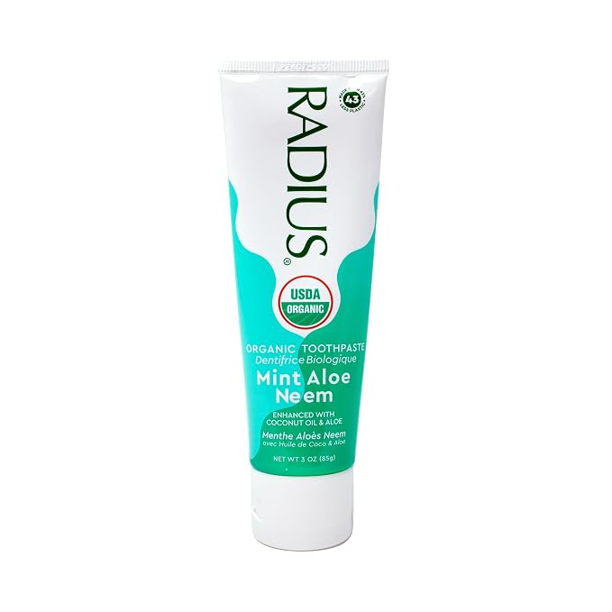 Radius USDA Organic Toothpaste, Non Toxic Chemical-Free Gluten-Free Designed to Improve Gum Health & Prevent Cavity - Mint Aloe Neem - 3 Ounce (Pack of 1)