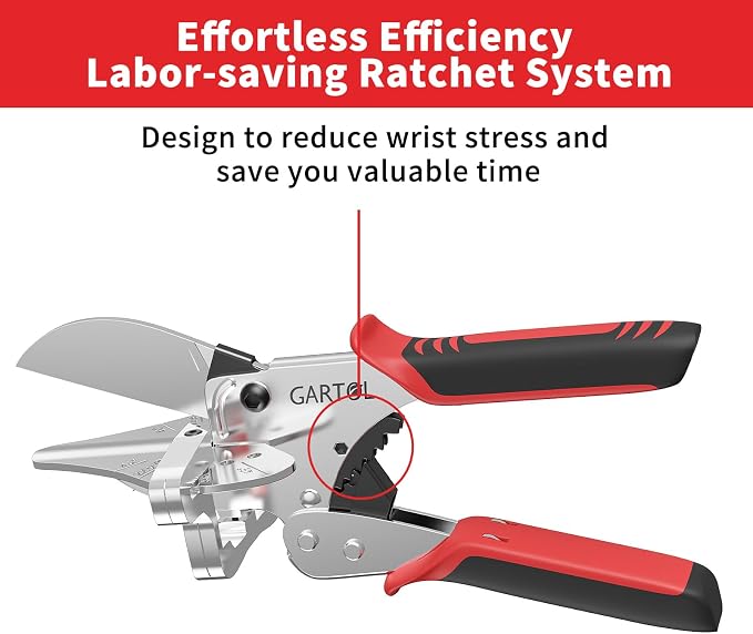GARTOL Ratchet Miter Shears 22.5°–135° Adjustable; Precision Angle Cutter with Spare SK5 Blade for Quarter Round, Shoe Molding, PVC, MDF & Soft Wood; Labor-Saving Trim Tool with Safety Lock