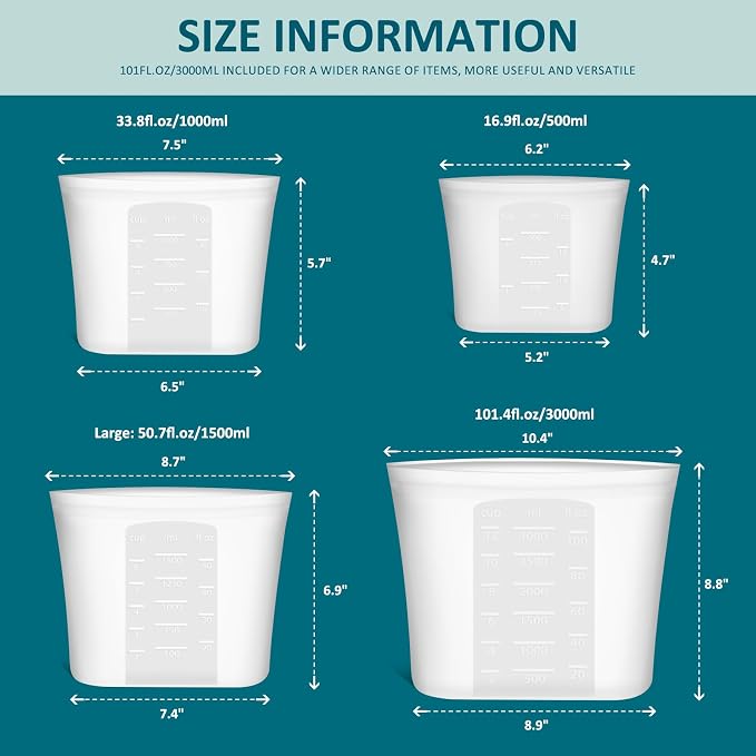 8-Pack Reusable Silicone Food Storage Bags, 100% Silicone Stand-Up Wide-Open Zip-Lock Reusable Storage Bags for Food, Freezer Microwave Oven Dishwasher Safe, Translucent, 2XL(0.8 Gallon) 2M 2S 2XS