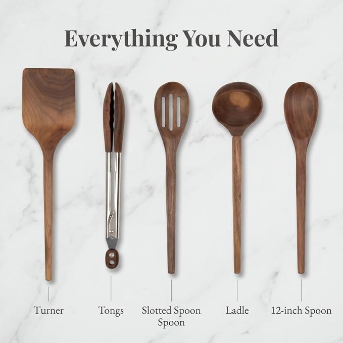 Salt & York 5-Piece Walnut Kitchen Utensil Set with Turner, Tongs, Slotted Spoon, Ladle and 12" Spoon, Farmhouse Style Kitchen & Cookware, Ideal for Entertaining, Wedding and Housewarming Gift