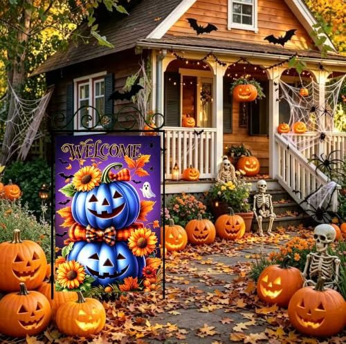Large Halloween Blue Pumpkin Welcome House Flag for Outside 28 x 40 Inch