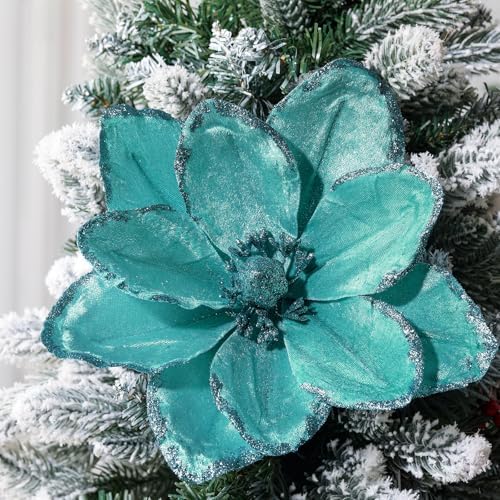 Thiccywoov 8 Pack Large 12'' Christmas Velvet Magnolia Flowers, Light Blue