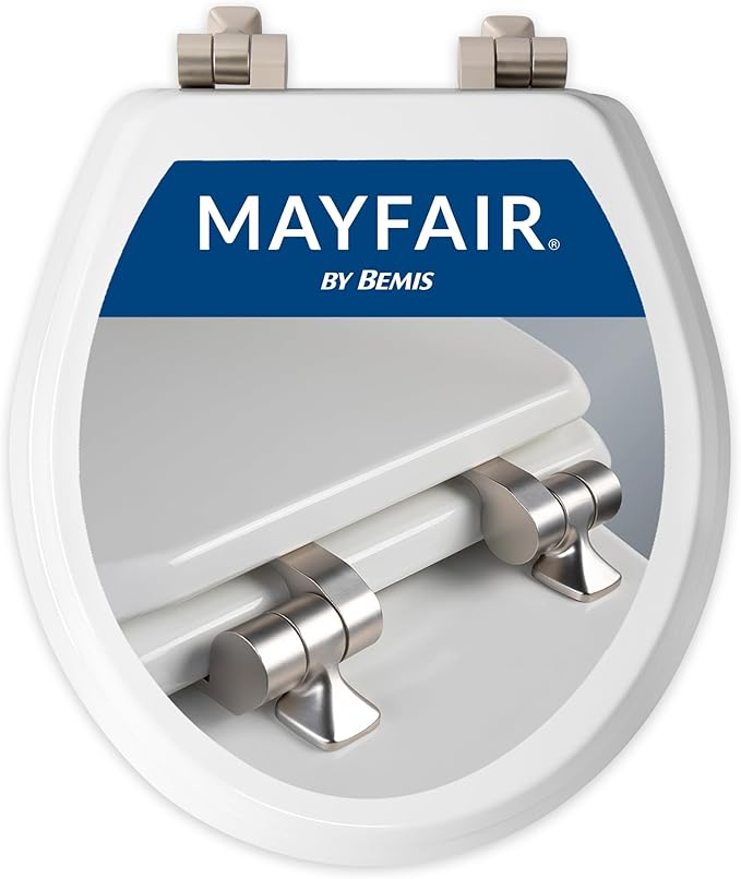 Mayfair Bennett Toilet Seat with Brushed Nickel Hinges, Slow Close Wood Seat, Secure Metal Hinges, Easy Install, Made in USA, Round, White