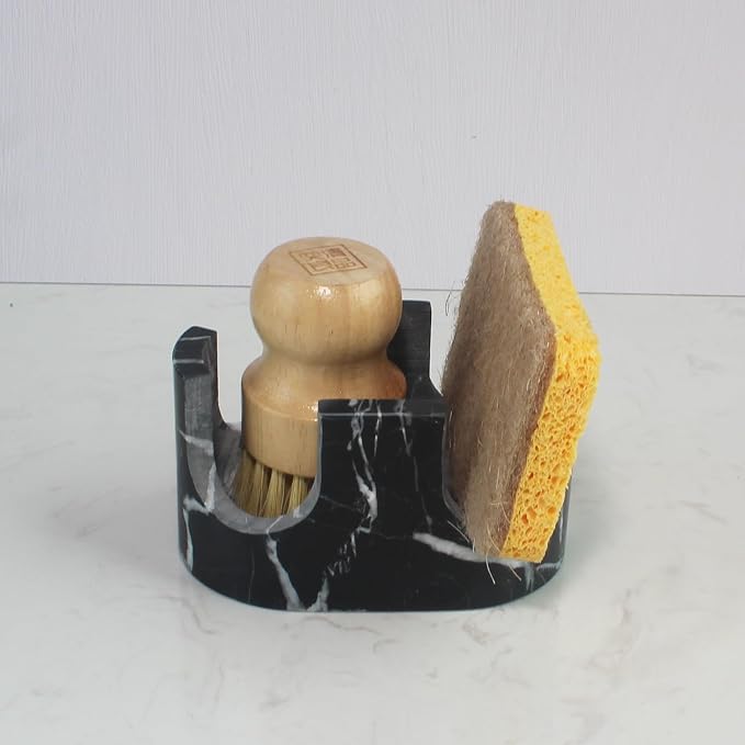 Nawgnail Natural Travertine Marble 2-Slot Sponge Holder for Kitchen Counter, 2-in-1 Stone Drying Rack, Sponge Caddy for Sink Organizer - Nero Portoro Marble
