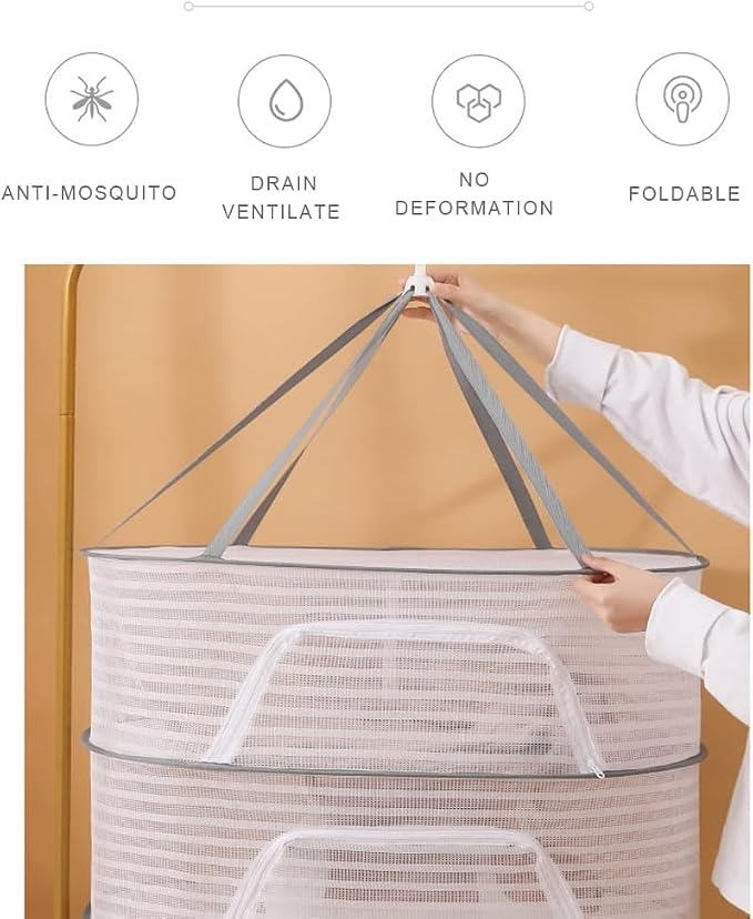 Foldable Drying Net for Vegetables, Fish, and Dehydrated Goods, Multi-Tiered Food Drying Net, Versatile Drying Rack, Windproof Design, Zipper Closure for Insect Protection 4Layer White