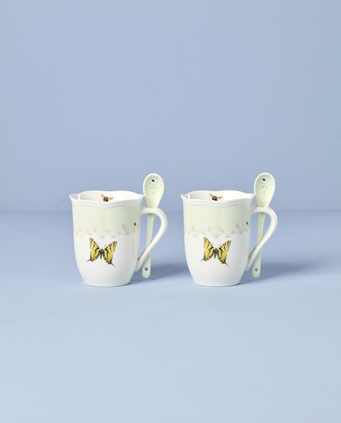 Lenox 897802 Butterfly Meadow Color Mugs With Spoons, Set Of 2, Green