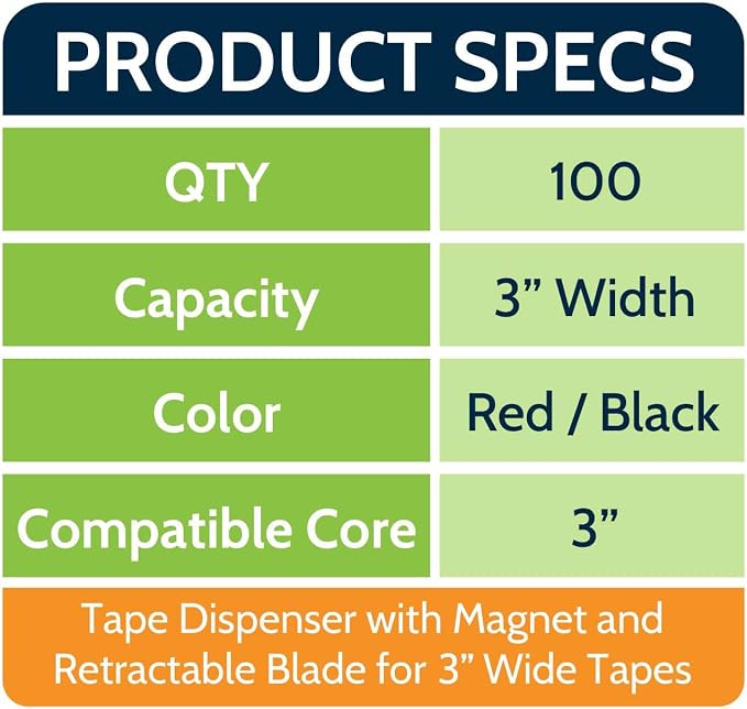 PSBM Heavy Duty Packing Tape Dispenser, 3 Inch Wide, 100 Count, Sealing Cutter, Magnetic Retractable-Blade Tape-Gun Dispenser Used for Warehouse Storage Packaging