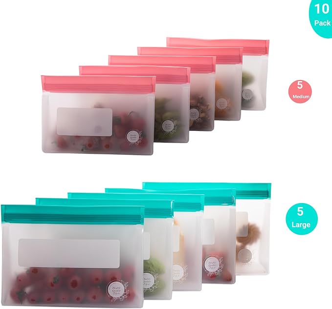 Reusable Food Storage Bags – 10-Pack Stand-Up, BPA-Free, Freezer, Dishwasher Safe, & Eco-Friendly– 5 L, 5 M Bags – Airtight Leakproof Sandwich, Snack, Travel & Make-Up baggies (Multicolor)